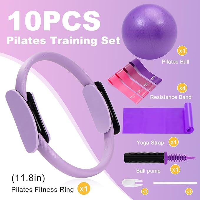 Pilates Ring Fitness Circles Set, High Resistance Yoga Ring Pilates Equipment Set for Women Includes Pilates Ring, 9 Inch Small Exercise Ball, 5 Resistance Bands at Home Pilates Workout Set