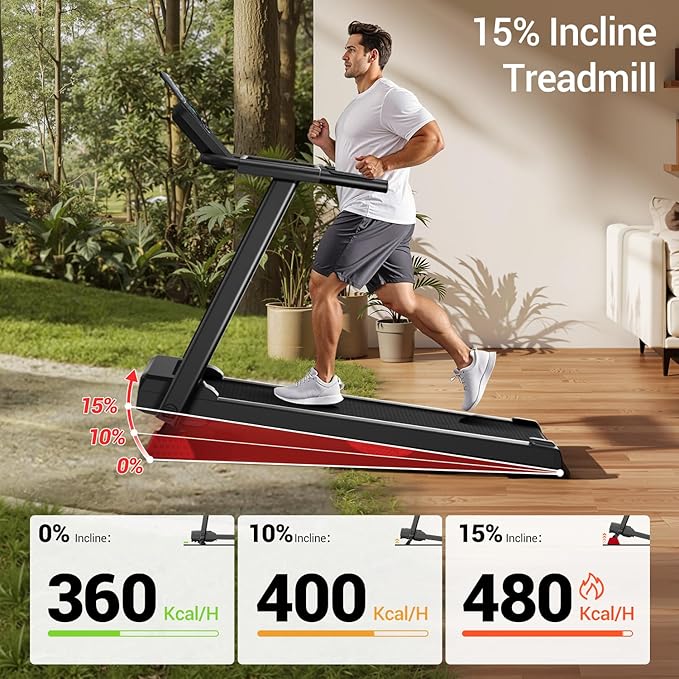 15% Incline Treadmills for Home with Led Screen & Handles, 3-in-1 Portable Treadmill Holds Up to 300 Lbs Capacity, Lower Noise 3.0HP Foldable Treadmill 0.6-7.2MHP