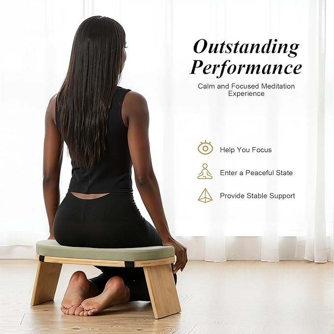 Bamboo Meditation Bench,Portable Bamboo Meditation Stool with Meditation Cushion, Foldable & 5°Ergonomic Tilt Kneeling Meditation Yoga Stool-396.83lbs Max. Load Capacity (Green)