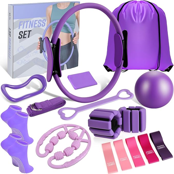 LiKiLiKi Pilates Ring and Ball Set, Home Pilates Equipment for Women with Resistance Bands, 12'' Magic Circle, 9.8'' Ball, for Strength, Toning and Flexibility, Fitness Essentials Starter Accessories