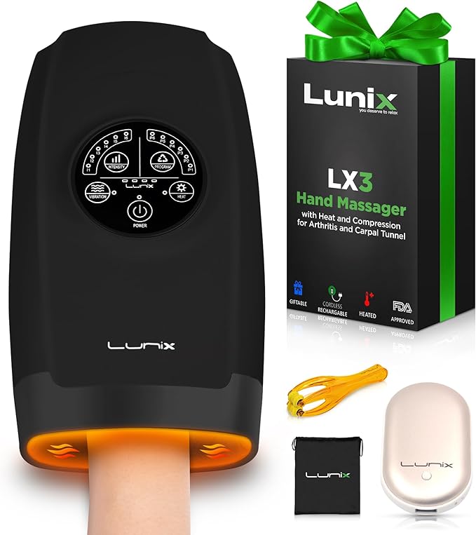 Lunix LX3 FSA Carpal Tunnel & Wrist Pain Relief Device, Heated Air Compression Hand Massager Machine for Arthritis & Finger Numbness, Cordless, Charcoal Black
