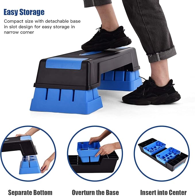 Happytools 28'' Aerobic Stepper, 5’’ 7’’ 9’’ Levels Height Adjustable Fitness Step Trainer, Exercise Step Platform w/Risers & Non-Slip Foot Pads for Home Gym Cardio Strength Training