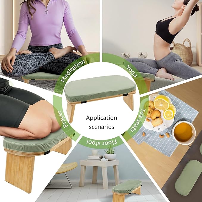 Meditation Ergonomic Bench, Yoga Prayer Meditation Bench with Soft Cushion, Yoga Bench Kneeling Stool Prayer Bench, Foldable Prayer Chair for Kneeling Sitting Prayer Extended Practice (Green)