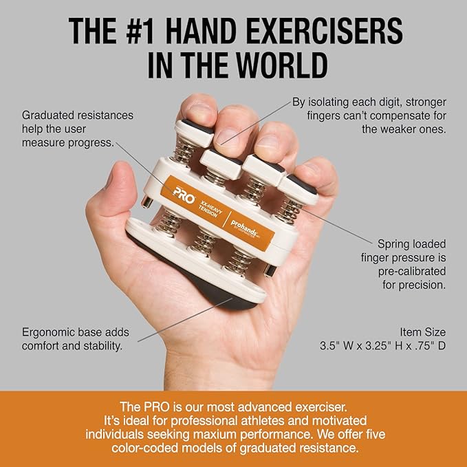 Prohands PRO Hand Exerciser, Finger Exerciser (Hand Grip Strengthener), Spring-Loaded, Finger-Piston System, Isolate and Exercise Each Finger