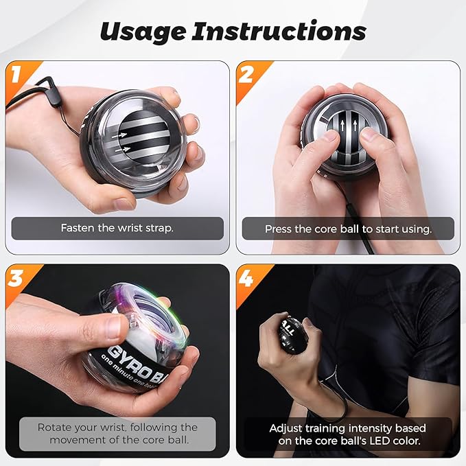 Gyroball Wrist Exerciser Ball, 5 Level Resistance/Light Control, Gyroscopic Forearm Trainer, Strengthening Arms, Fingers, Wrist (Transparent Case)