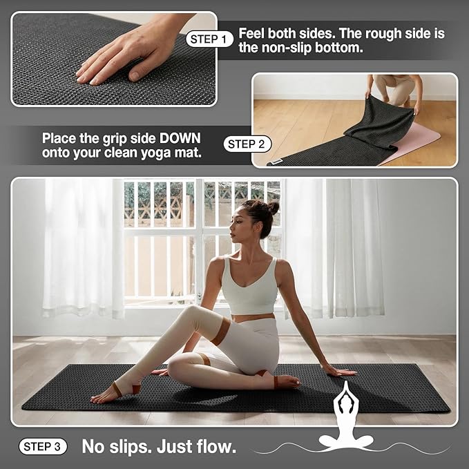 Hot Yoga Mat Towel,Microfiber Yoga Mat Towels Non Slip for Hot Yoga Absorbent Microfiber Sweat Anti-Slip Grip Injury Free,26.5" X 72" -Pilates Gear,Exercise,Fitness Black