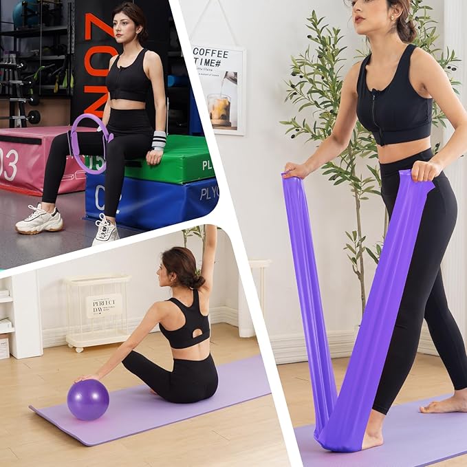 Tsikavo Pilates Ring, Pilates Ring Circle and Ball Set, 12 Inch Magic Circle Pilates Ring,9 Inch Small Exercise Ball,Resistance Bands Set, Home Pilates Equipment for Women