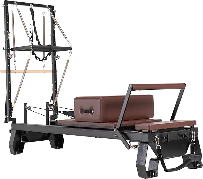 Foldable Oak Wood Pilates Reformer Machine with Reformer Box & Jump Board for Home, Studio, Gym & Yoga - 12-Level Resistance, Adjustable Shoulder Pad, Lightweight Aluminum Frame & PU Leather Carriage
