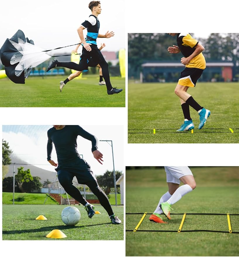 GHB Agility Ladder,Football Training Equipment Set,4 Agility Hurdles, 20 feet12 Rungs Speed Ladder,12 Disc Cones,Resistance Parachute, Jump Rope, 5 Resistance Bands