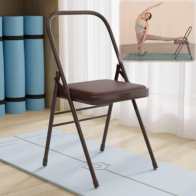 Folding Yoga Chair for Adults Pilates Chair Space-Saving Yoga AuxiliaryChair Balance Handstand Training Tool Premium YogaSupport for Home Workouts and Stretching(Brown)