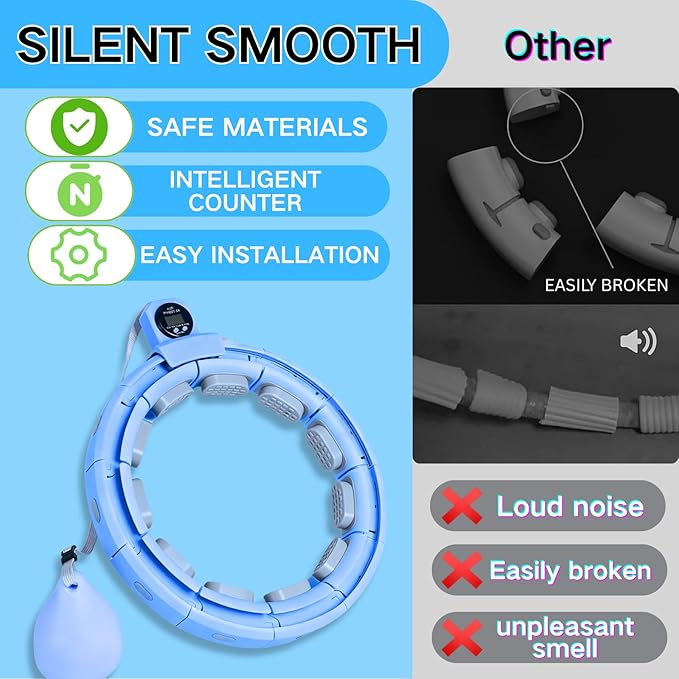 Smart Silent Weighted Exercise Infinity Hoop - Patent Pending (80% Quieter + Auto Count), Adjustable 30"-50" Infinity Hoop for Adults, Core Ab Workout with Circle for Women & Men (Blue)