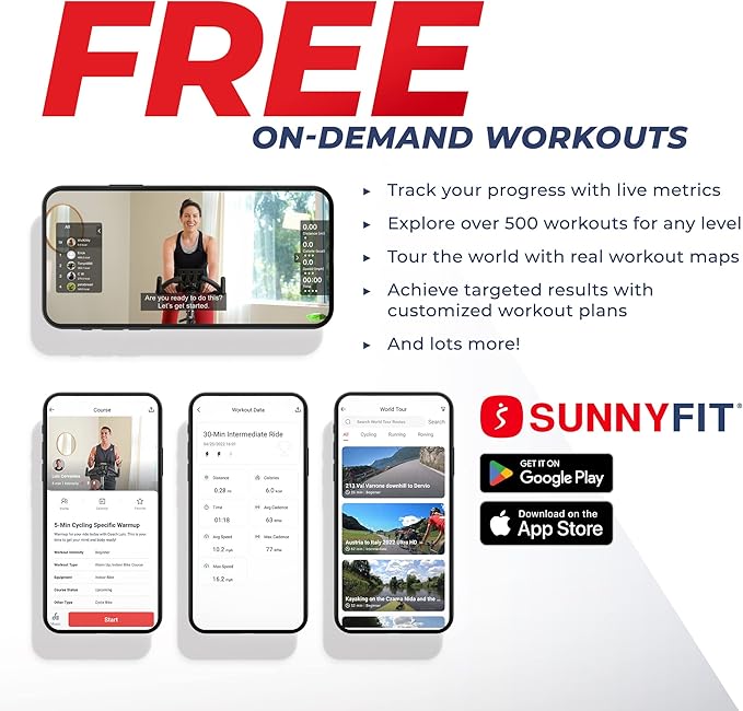 Sunny Health & Fitness Indoor Intensive Cycling Exercise Bike, Adjustable Cardio Training Exerciser w/Emergency Brake for Home, Optional Free SunnyFit App Bluetooth Link + Electromagnetic Resistance