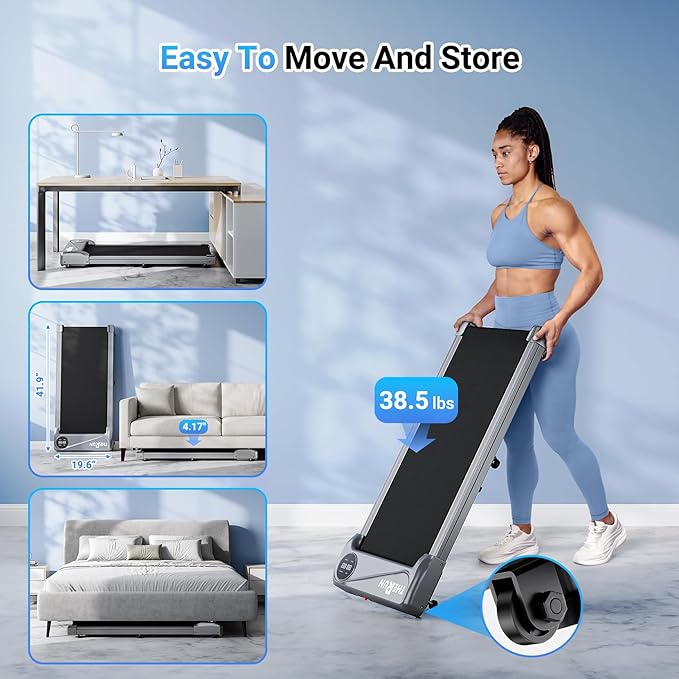 THERUN Walking Pad Treadmill Under Desk, Portable Mini Treadmill for Home/Office, Walking Pad Machine with 2.5HP and 265 lbs Weight Capacity Remote Control LED Display