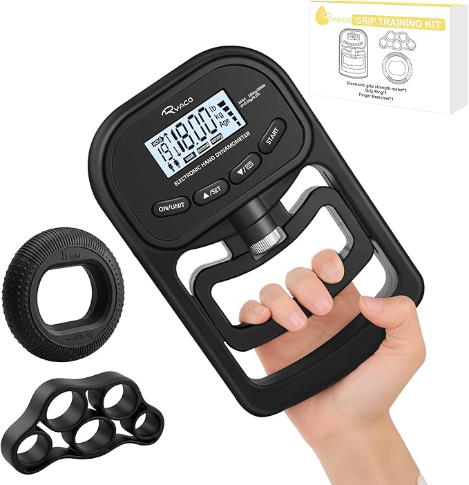 Ryaco Grip Strength Tester With Grip rings, finger exercisers, 396lbs/180kg Digital Hand Dynamometer Grip Strength Trainer Set Electronic Hand Grip Strengthener with LCD Display for Rehab