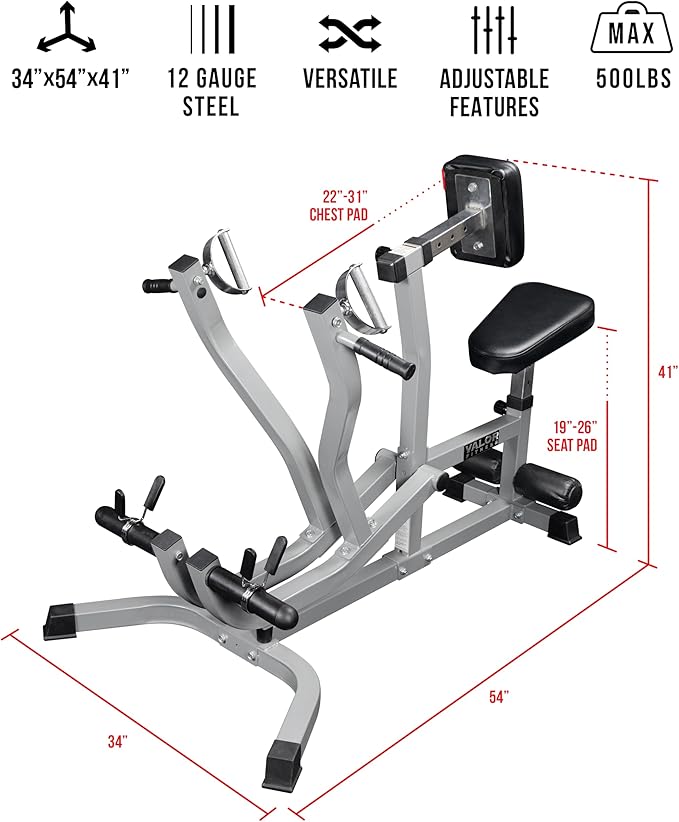 Valor Fitness Seated Row Machine – Plate Loaded with Converging Arms & Multi-Grip Handles, 400 lb Capacity, 2" Plate Adapters for Back & Chest Strength Training Home Gym Equipment