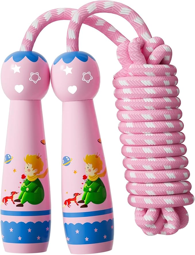 Jump Rope for Kids-Adjustable Cotton Braided Skipping Rope with Wooden Handle for Toddler Fitness Workout Exercise Outdoor Activity