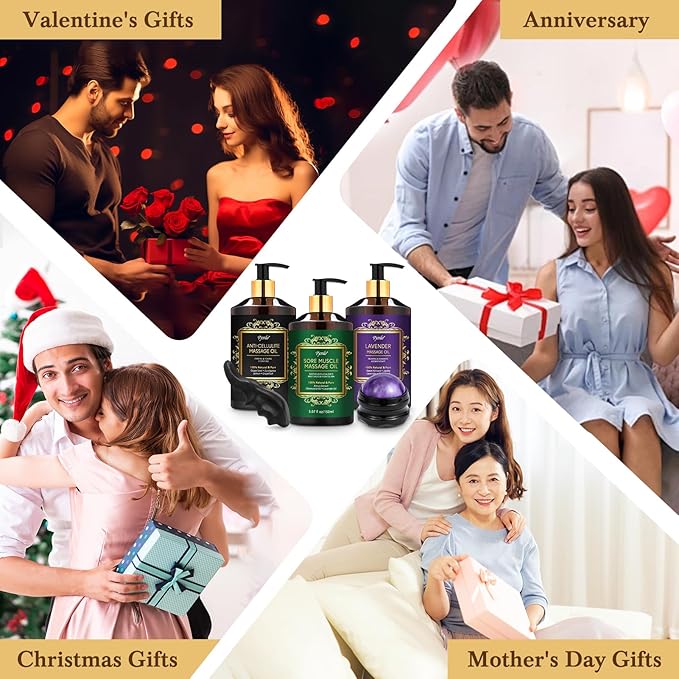 3 Pack Massage Oil for Massage Therapy, Lavender Oil for Relaxation, Sore Muscle Arnica Oil & Cellulite Massage Oil, with Massage Roller Ball & Thumb Saver Tool, Massage Kit for Him Her
