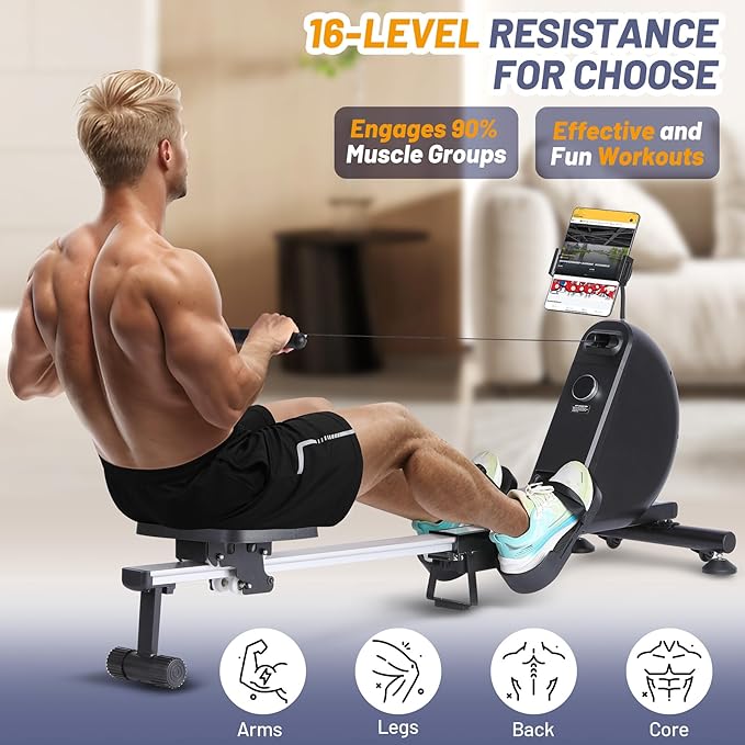 GarveeLife Magnetic Rowing Machine, Self Powered Rower Without Power Cord, Quiet Rower Machine with 16 -Level Adjustable Resistance, 350 LB Weight Capacity, Free Snailcle App