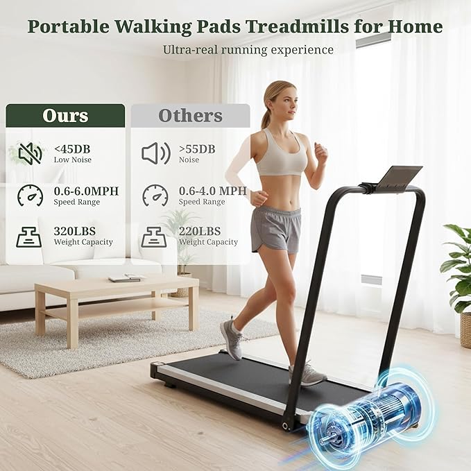 Walking Pad Treadmill, 3 in 1 Portable Under Desk Treadmills for Home Small Space, Quiet Compact Folding Treadmill with Remote Control, 320 LBS Capacity