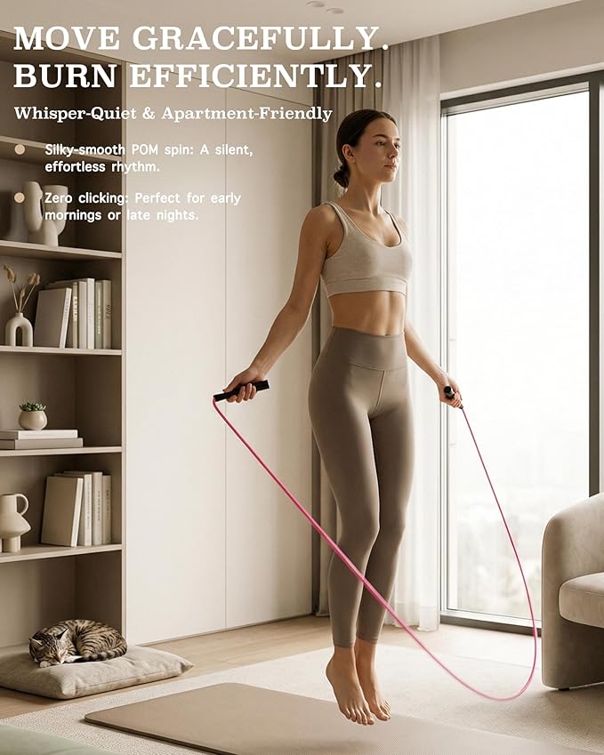 YUEDONG Women’s Silent Jump Rope, Apartment Friendly Tangle-Free Weighted 5mm PVC Rope, Ergonomic Grip Adjustable for Home Workout Cardio Fat Loss