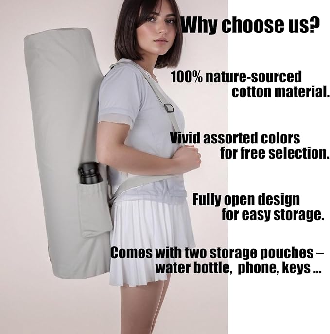 Cotton yoga mat bag with Pockets and Adjustable Strap - Full Zip Cargo Yoga Mat Carrier Bag - Bag for 1/4" 1/3" Thick Yoga Mat