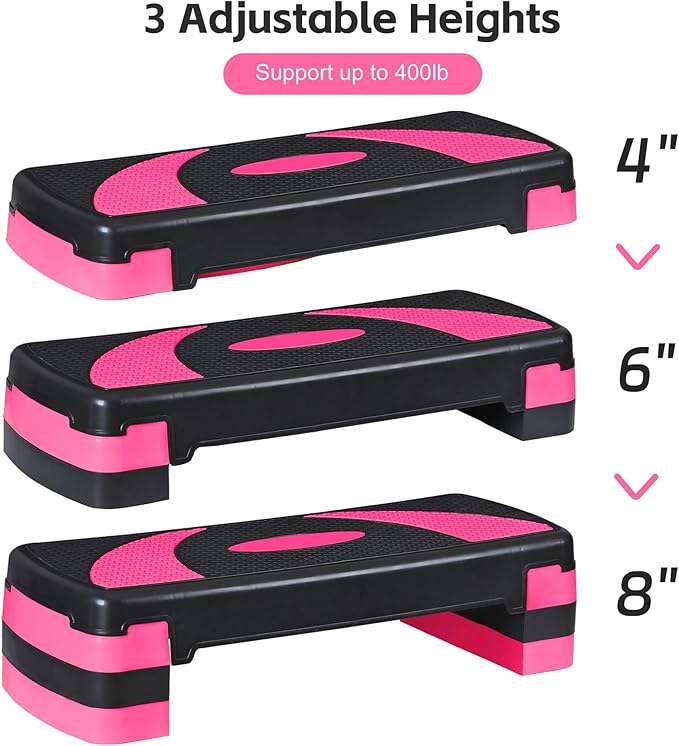 30" Aerobic Step Platform - 3-Level Adjustable Height (4"/6"/8"), Non-Slip Fitness Stepper w/Stackable Risers for Home Gym, Cardio & Strength Training