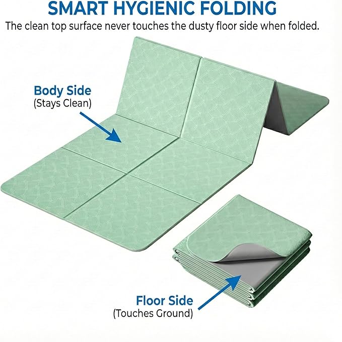 Foldable Yoga Mat 10 mm Thick Extra Wide 72"x28", Non Slip Travel Exercise Pad, TPE Compact Folding Pilates Floor Cushion for Home Gym & Nap, Mint Green