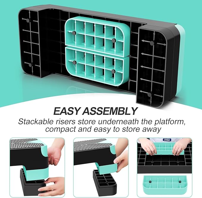 EVERYMILE Aerobic Exercise Step, Adjustable Aerobic Stepper for Exercise, Workout Step Platform, Step Up Box, 26.5" Step Deck with 4” 6” 8” Adjustable Height Risers, Women Home Gym Fitness