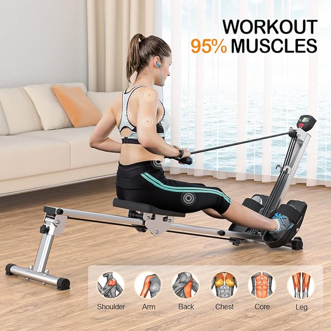 Foldable Rowing Machine for Home Use, Hyper-Quiet Rower with LCD Monitor, 300LBS Capacity Compact Home Rowing Machines