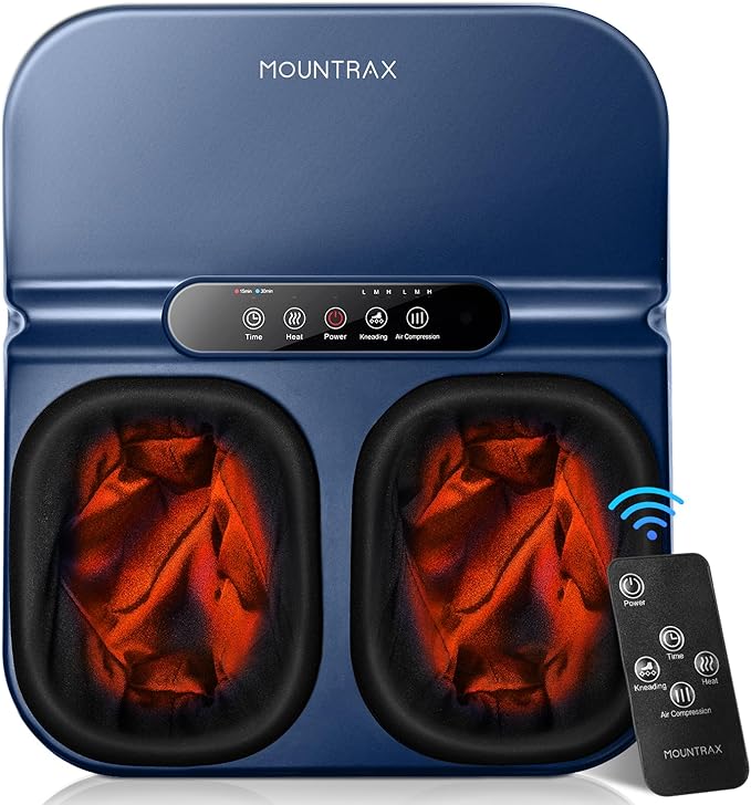 MOUNTRAX Foot Massager Machine with Heat, Foot Massager for Plantar Fasciitis, Neuropathy Pain, Shiatsu Foot Massager with Remote, Fits Feet Up to Men Size 12 (Blue)