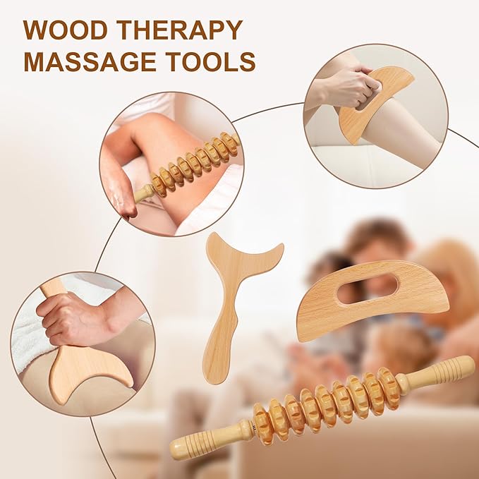 3 in 1 Lymphatic Drainage Massager Wood Manual Fascia Massage Roller and Gua Sha Tool Set for Body Release Cellulite Anti Cellulite and Relieve Muscle Fatigue 3 Packs
