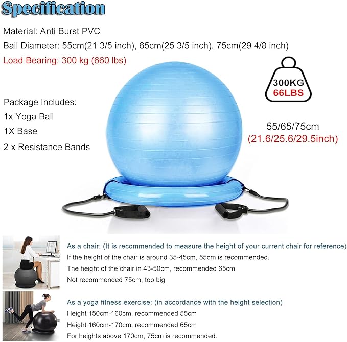 Large Yoga Ball Chair for Sitting at Desk, Lightweight Birthing Ball/Stability Ball/Balance Ball Seat Office Chair, Self-Standing Ergonomic Exercise Ball Chairs(Diameter 75cm(29 4/8 inch))