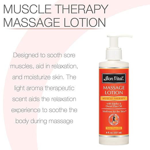 Bon Vital' Muscle Therapy Massage Lotion, 8 Oz Pump, Infused with Dwarf Pine and Essential Oils, Professional Lotion for IASTM and Graston Massage, Non-Greasy, Unscented