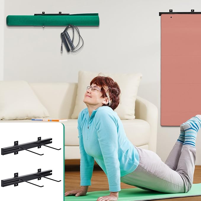 Tandefio Yoga Mat Wall Mount Rack Adjustable Exercise Mat Storage Shelf Hanging Foam Roller Organizer with 2 Hooks for Fitness Home Gym Workout
