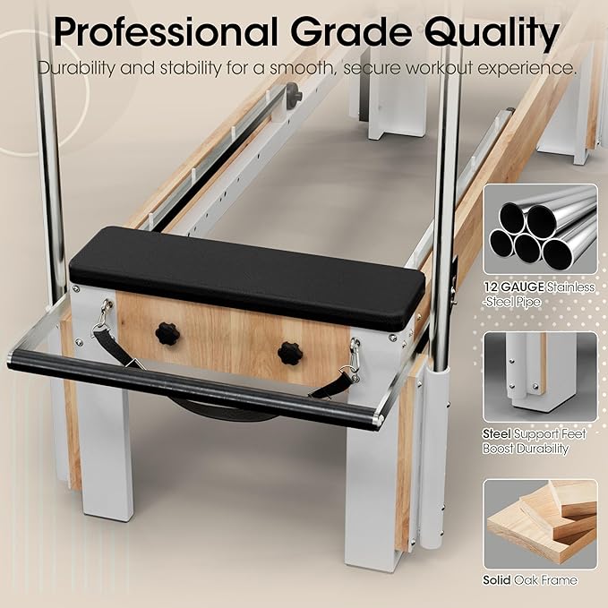 Pilates Reformer, PAETA 92" Wooden Pilates Reformer Machine with Springs, Pilates Machines for Home Use and Studio, Pilates Equipment with Sitting Box, Jump Board and Accessories