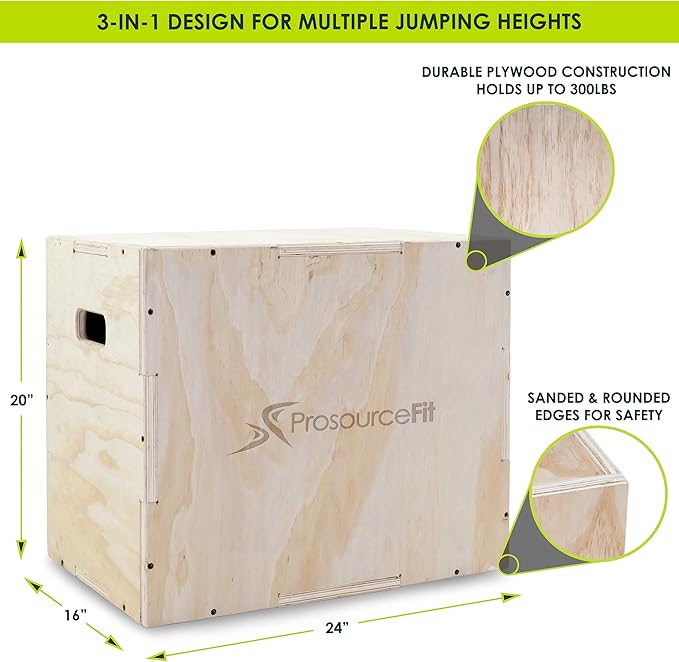ProsourceFit 3-in-1 Wood Plyometric Jump Box For Cross Conditioning, Agility, Vertical Jump Training & Plyo Workouts