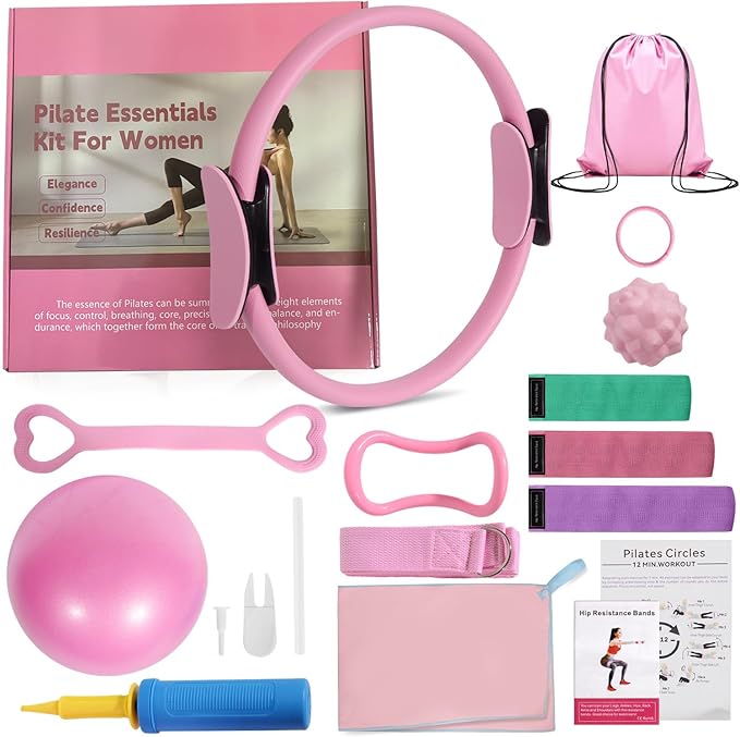 Pilates Ring Set with Resistance Bands– Anti-Slip Magic Circle Pilates Ring for Home Workouts, Full-Body Toning, Strength Training for Women 14PCS