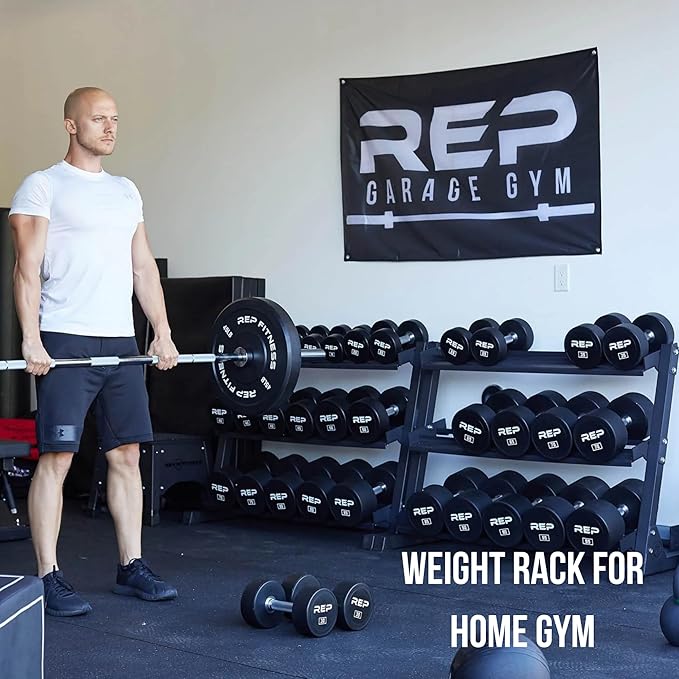 Rep Fitness Dumbbell Rack | 3-Tier Compact Holder | Fits Sets 5-50 lb | Weight Storage Stand | Rubber Hex Organizer | Free Weights Shelf | Heavy Duty Steel Frame | Gym Equipment for Home (Metallic Black)
