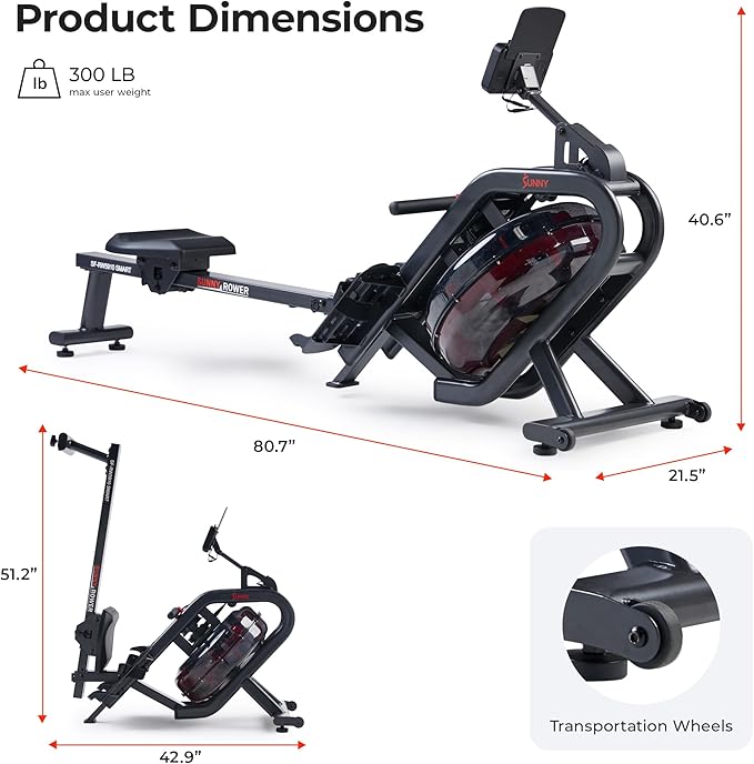 Sunny Health & Fitness AquaStrive Series Smart Water Rower, 300LB Capacity Plus Dynamic Hydro Resistance for Home Cardio Workout, Free SunnyFit Training App Connection