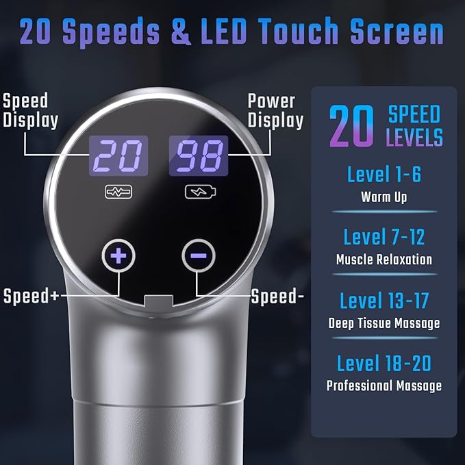 cotsoco Massage Gun Deep Tissue, Muscle Massage Gun with 9 Attachment Heads 20 Speeds & Silent Brushless Motor for Pain Relief, Handheld Percussion Back Massager Gun for Athletes