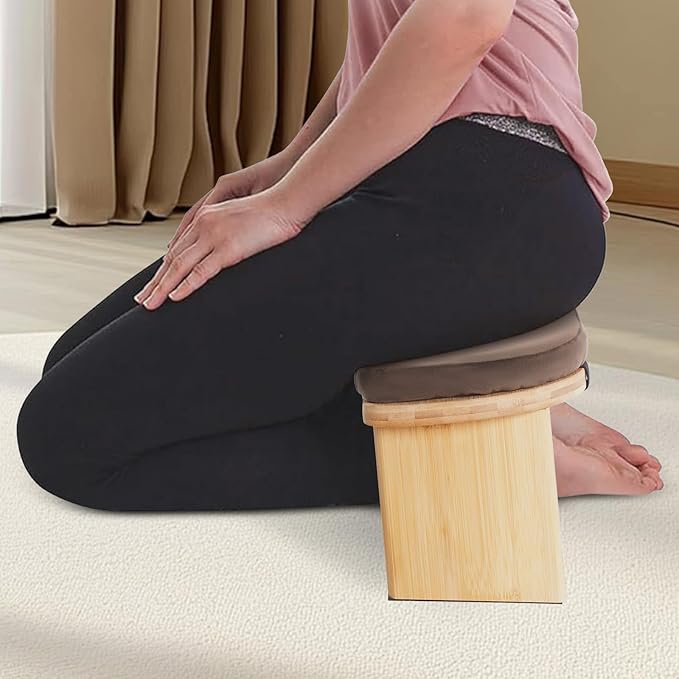 Bamboo Meditation Bench, Foldable & Ergonomic Meditation Stool, Portable Prayer Bench with Cushion, Comfortable Kneeling Chair for Kneeling or Sitting, Coffee