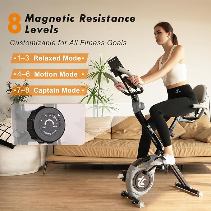 TOUSAINS Folding Exercise Bike - 8-Level Magnetic Stationary Bike with Pulse Rate, Large Tablet Holder & X-Bike Design, Compact Indoor Workout Bike for Home Gym, Seniors & Knee Recovery, 265lbs Weight Capacity