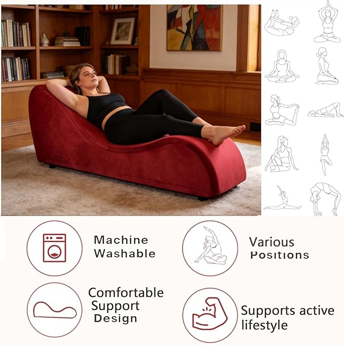 Curved Lounge Bench Chair for, Relaxing, Chaise Chairs with Removable Cover, Metal Frame (Red Velvet)