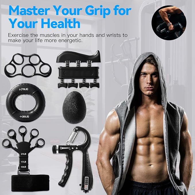 7PCS Grip Strength Trainer Kit, 2 Adjustable Forearm Resistance Grips, Finger Stretchers, Grip Ring, Hand Squeeze Ball, Finger Exercises, User Manual, Suitable for Hand Training, Suitable for Everyone
