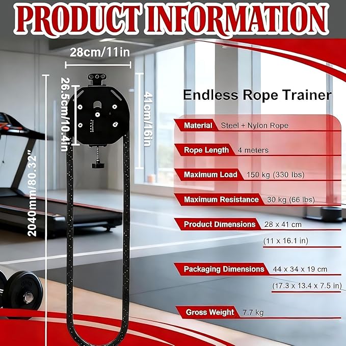 Resistance Trainer Machine, Endless Rope Trainer, 30KG/66LBS Max Adjustable Resistance, Suspension Endless Rope Pulley System, 4m Closed-Loop Nylon Rope, for Interval Resistance Training