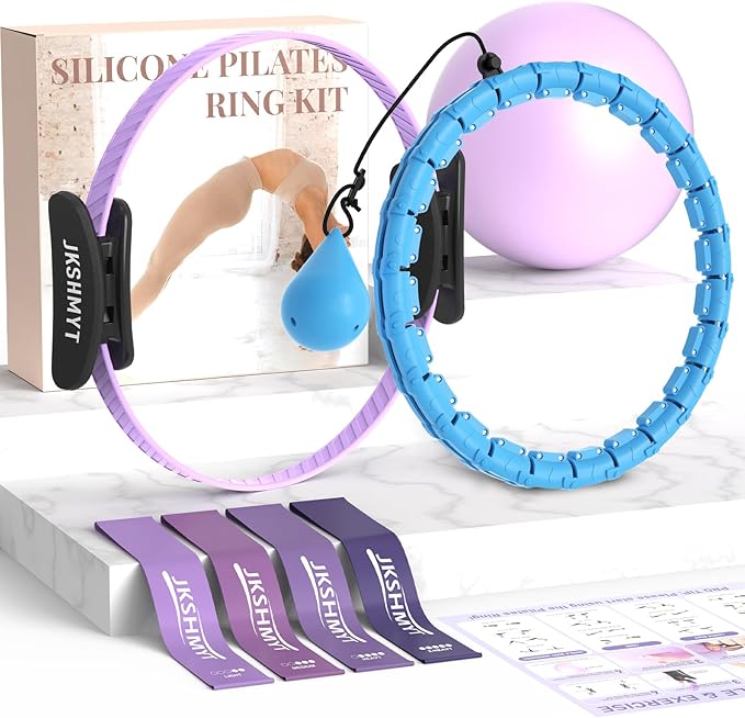 Weighted Hula Infinity Hoop & Pilates Ring Kit Bundle- Infinity Fitness Hoop for Weight Loss Plus Magic Circle, Resistance Bands, and Ball Set- Home Workout Equipment for Abdomen & Full Body Toning