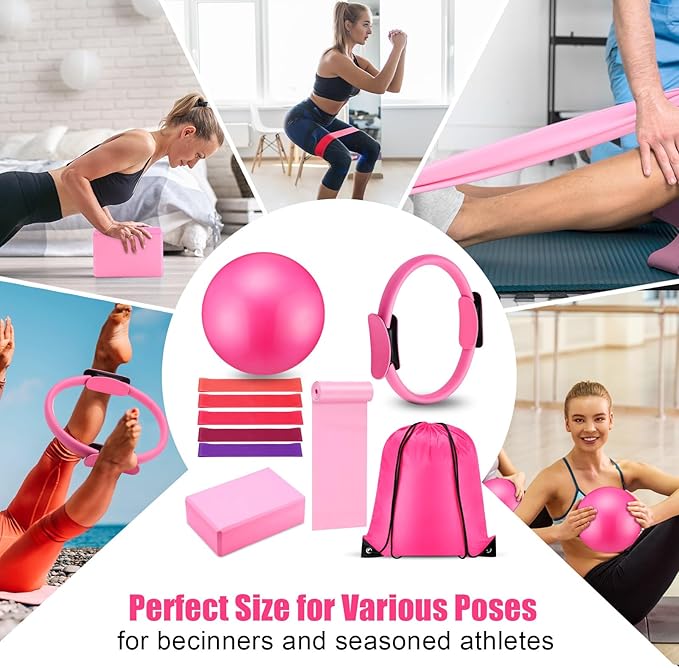 10 Pcs Home Pilates Ring Set for Women Yoga Equipment Accessories Pilates Ring Circle and Ball Workouts Gift Include Ball Yoga Circle Resistance Bands Block Straps Gym Bag