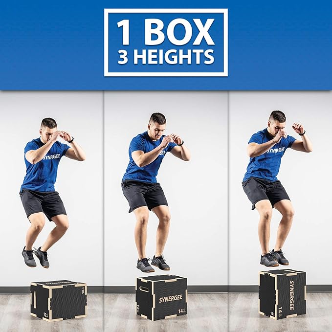 Synergee 3 in 1 Non-Slip Plyometric Box for Jump Training and Conditioning. Wooden Plyo and Soft Plyo Box All In One Jump Trainer. Sizes 20/18/16, 16/14/12