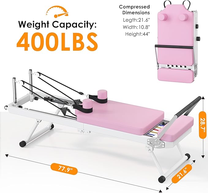 Foldable Pilates Reformer Machine for Home Use - 330lbs Capacity with 5 Alloy Springs, 11 Resistance Levels & UP Leather Surface, Space-Saving Fitness Equipment