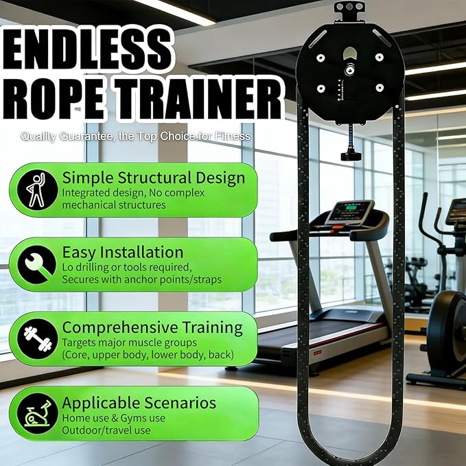 Endless Rope Trainer - Suspension Endless Rope Pulley, Adjustable Resistance Trainer Machine, Closed-Loop Nylon Rope, Cable Machine Home Gym for Grip, Arms Training Black